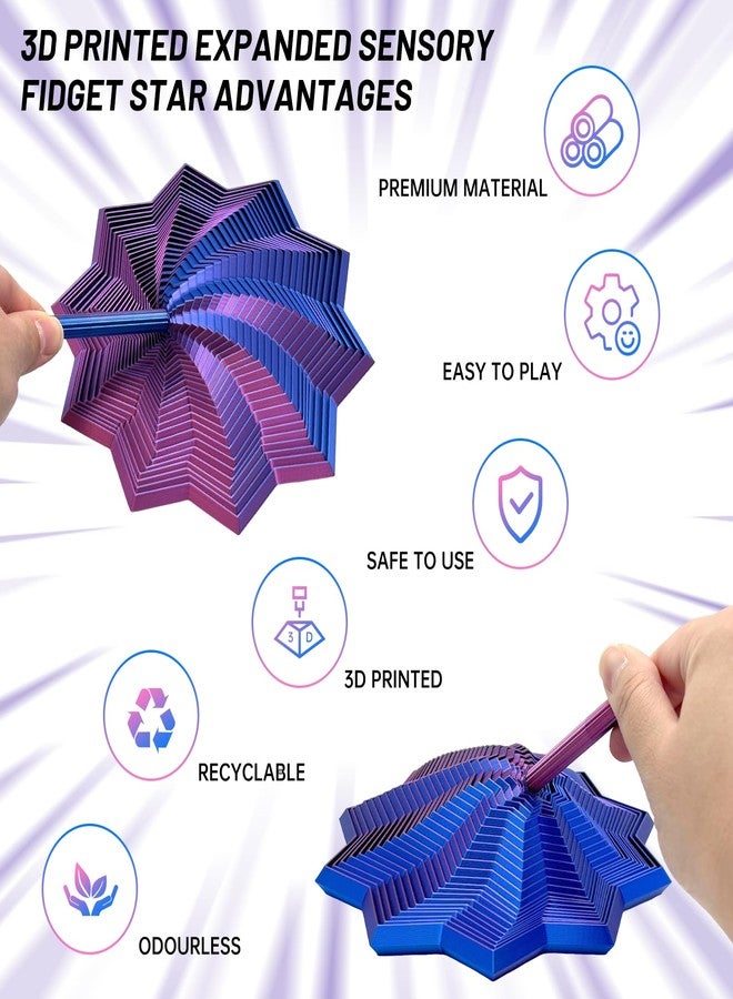 DZZ 3D Printed Expanded Sensory Fidget Star,Stress-Relief Spinning Tower Toy with Handles,Sensory Toys for Adults & Teens,Honeycomb Whirling Spiral Design for ADHD & Stress Relief (Purple-Blue,L-25rings) - Image 4